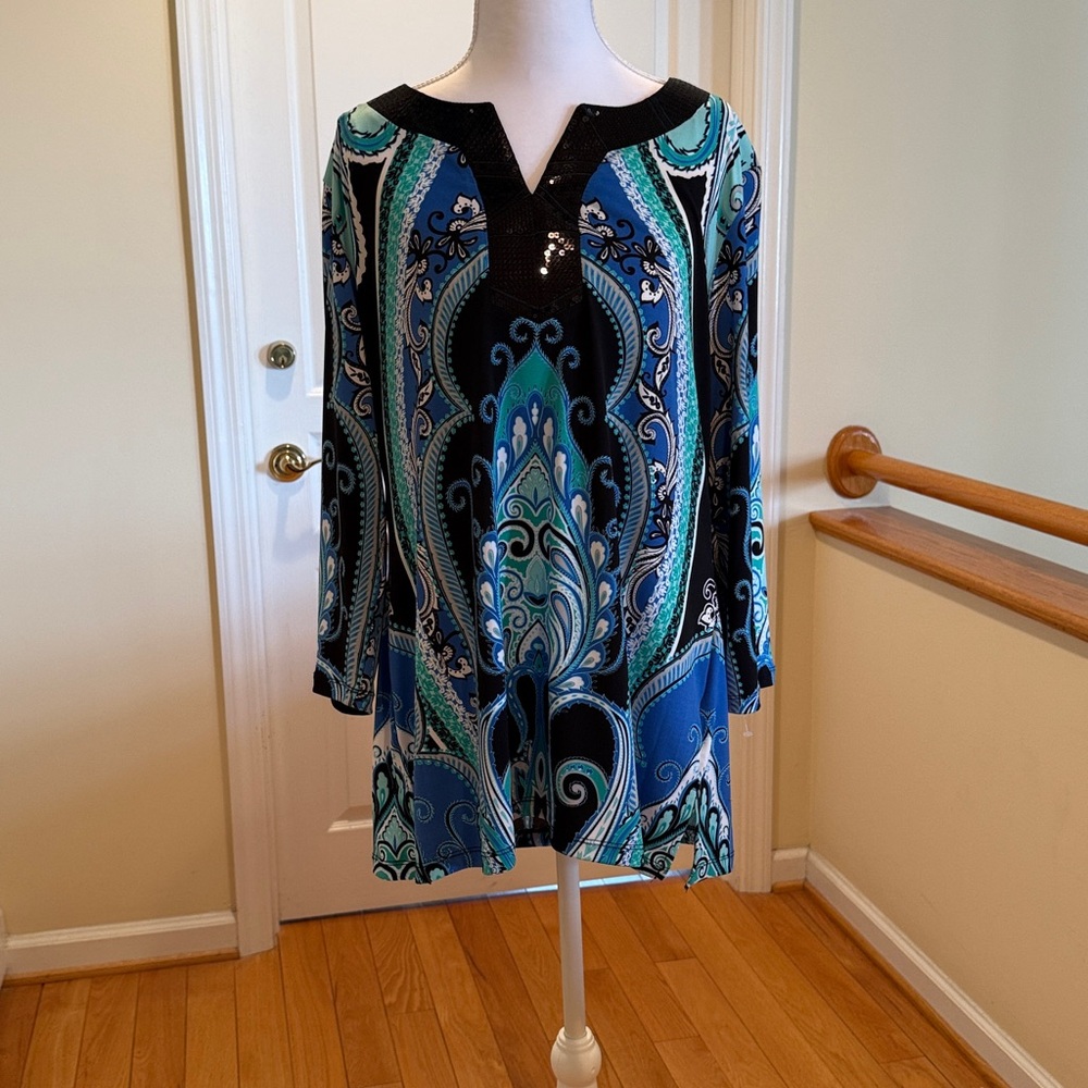 JM Collection Blue & Teal Paisley Sequins V-Neck Tunic